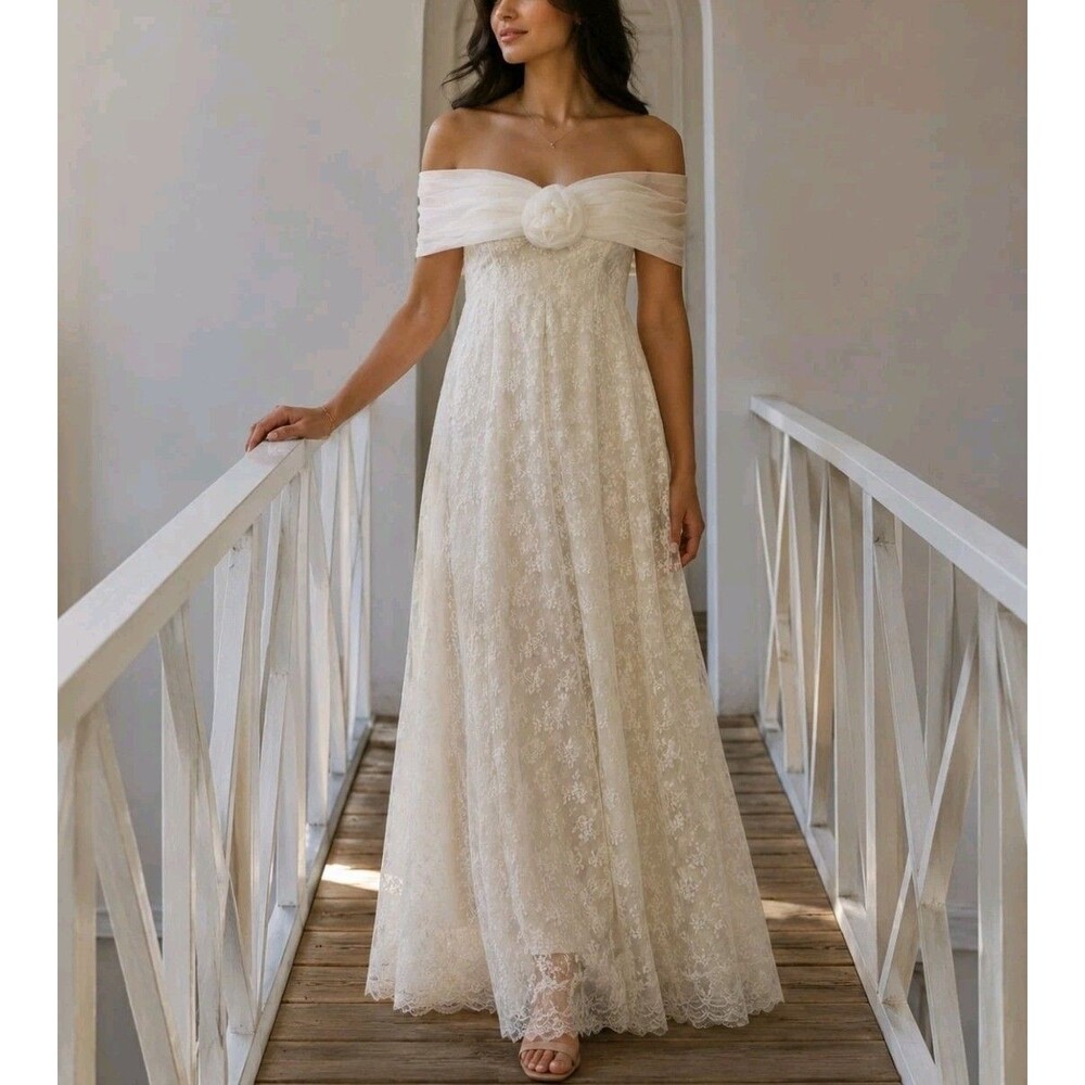 VTG Scott McClintock Women's Bridal Dress Size 8 Ivory Lace Off-Shoulder